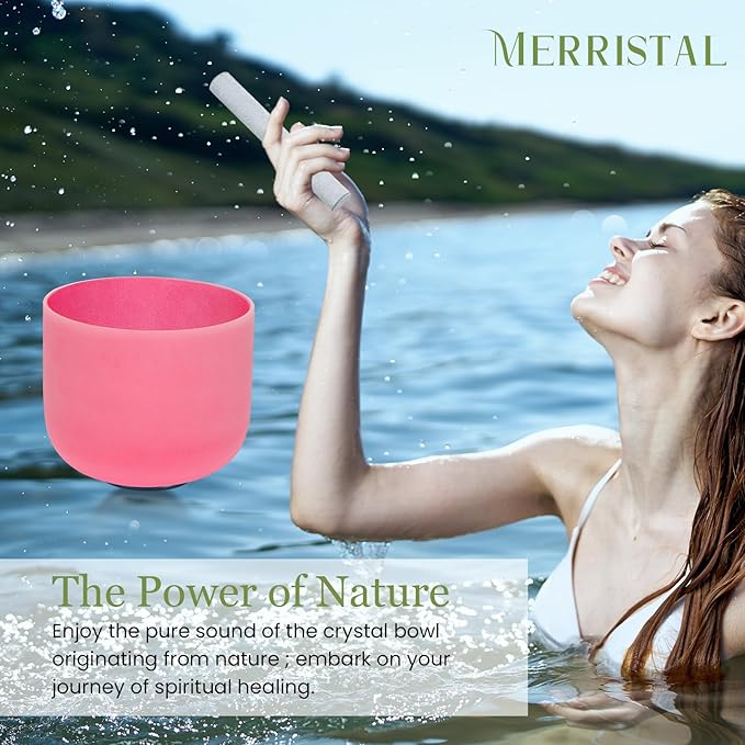 432HZ 8 Inchs C Note Red Frosted Crystal Singing Bowl for Meditation Healing Yoga Chakra Quartz Crystal Sound Bowls with Heavy Duty Carry Case and Rubber Mallet,Suede Striker,O-rings