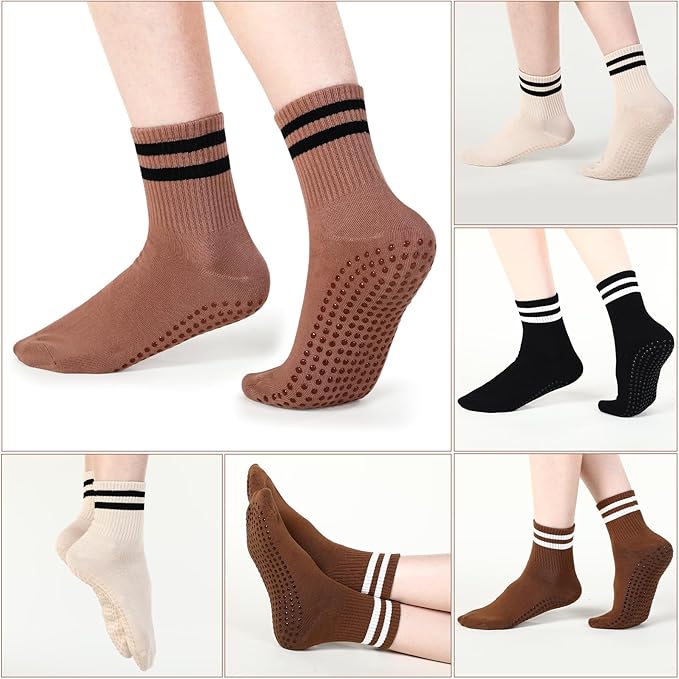 Jeyiour 4 Pairs Womens Pilates Socks with Grip Long Non Slip Yoga Crew Socks for Barre Hospital Home Workout