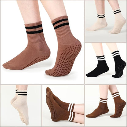 Jeyiour 4 Pairs Womens Pilates Socks with Grip Long Non Slip Yoga Crew Socks for Barre Hospital Home Workout