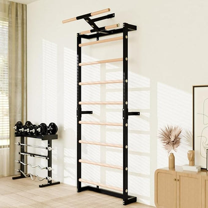Swedish Ladder, Wood Stall Bars Suspension Trainer with Pull-Up Bar & Rings for Straps, Swedish ladders Wall Gym Adult, Wall-Mounted Workout Ladder for Home, Gym, School