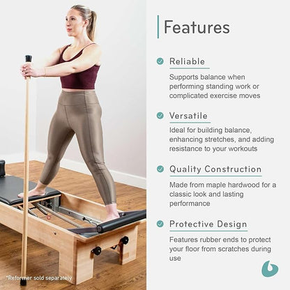 Balanced Body Gondola Pole for Use with Pilates Reformer, Balance Pole for Pilates Exercise, Wooden Exercise Stick for Home Gyms or Studios, 5 feet