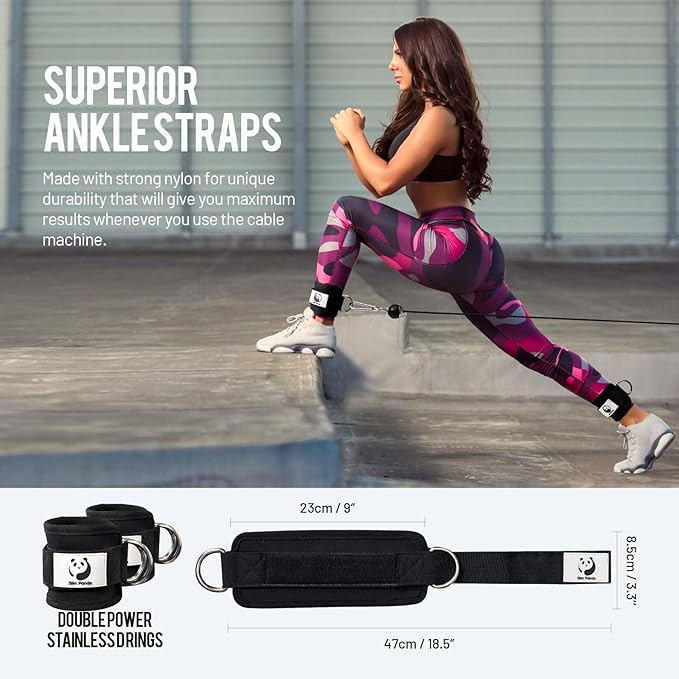 Slim Panda Ankle Strap for Cable Machine,Ankle Cuff for Kickbacks, Booty Hip Abductors,Glute Workouts, Leg Extensions, Curls for Men and Women, Adjustable with Double D-Rings