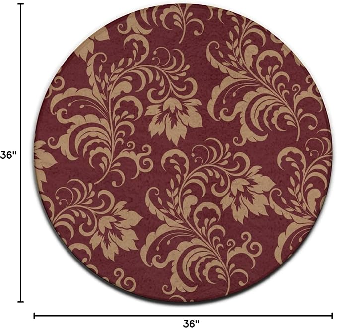 Soft Round Yoga Carpet, Large Home Decor Mat, Non-Slip Machine Washable Kitchen Office Circle Rug Compatible with Flower Maroon Gold Floral Classy Burgundy Antique