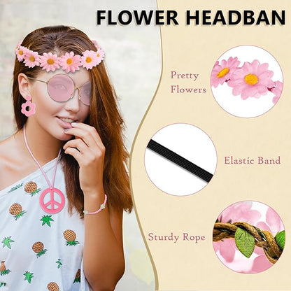 Hippie Costume Accessories Set Peace Sign Necklace Sunglasses Flower Headband Earrings for 60s 70s Outfit Party Women