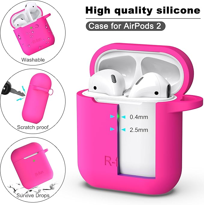 R-fun Compatible with AirPods Case Cover, Soft Silicone Protective Cover with Keychain for Women Men Compatible with Apple AirPods 2nd 1st Generation Charging Case, Front LED Visible,Rose Pink