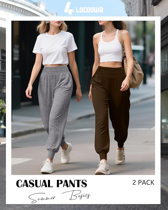 2 Pack Women's Yoga Joggers, Cozy Sweatpants with Pockets Casual Loose Comfy High Waisted Lounge Pants