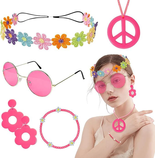 Hippie Costume Accessories Set Peace Sign Necklace Sunglasses Flower Headband Earrings for 60s 70s Outfit Party Women