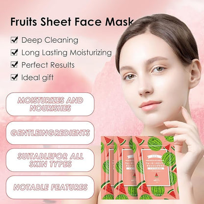 10 Pack Fruits Sheet Face Mask, Watermelon Refreshing Mask SkinCare, Moisturizing Face Mask, Leaves Skin Smoother Looking Hydration With Antioxidants Natural Vegan for All Skin Types
