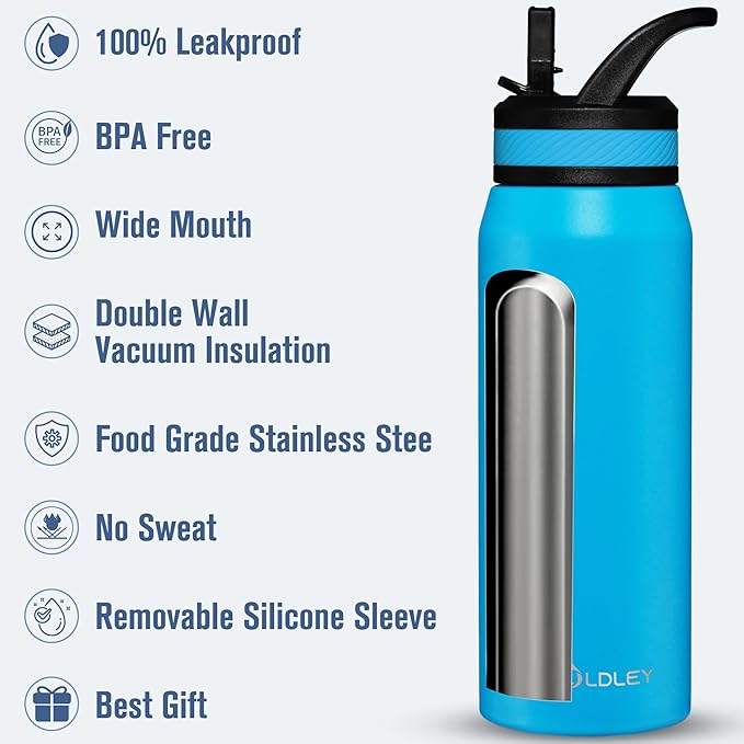 OLDLEY 24 oz Insulated Water Bottle With Straw, Stainless Steel Sports Water Cup Flask with 3 Lids(Straw, Spout and Handle Lid) Double Walled Travel Thermal Canteen Mug,Sky Blue