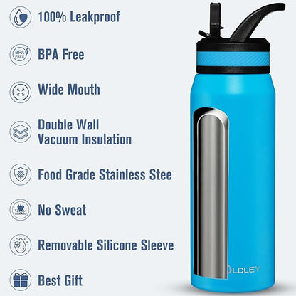 OLDLEY 24 oz Insulated Water Bottle With Straw, Stainless Steel Sports Water Cup Flask with 3 Lids(Straw, Spout and Handle Lid) Double Walled Travel Thermal Canteen Mug,Sky Blue