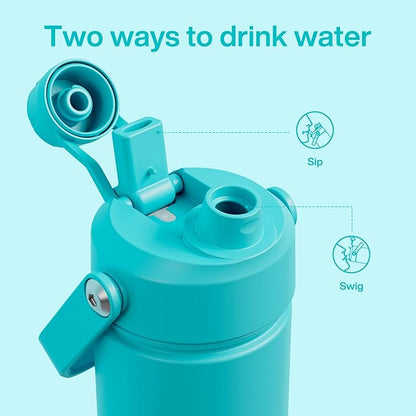 Insulated Water Bottle with Straw - Encool Stainless Steel Water Bottle, Leak-Proof, BPA-Free, Double Wall Vacuum Keeps Cold for 24 Hours for Sports, Travel, School (26 oz, Aquamarine Blue)