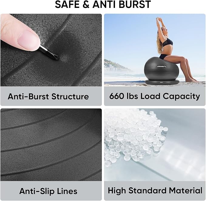 APEXUP Yoga Ball Chair, Exercise Ball Chair with Base for Office, Anti Slip Stability Ball Fitness Ball Seat, Home Gym Workout Ball, Balance Ball with Pump (Black, XL)