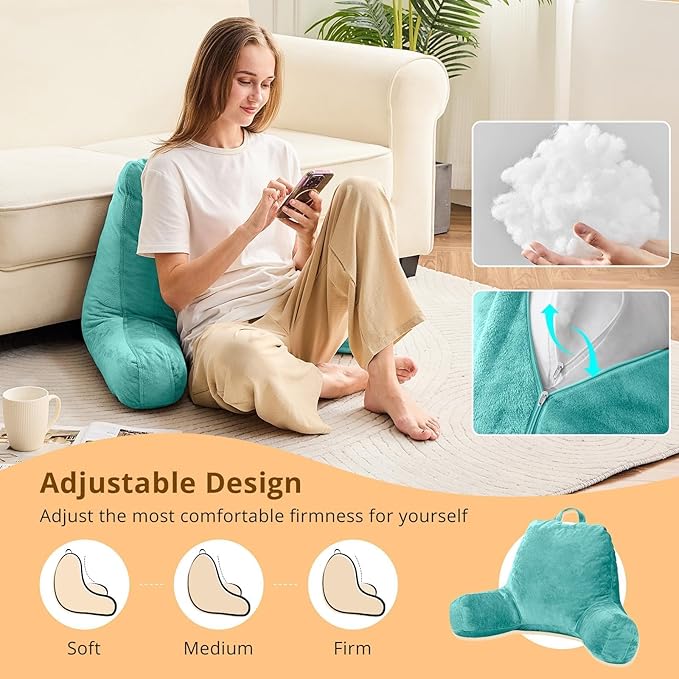 Sasttie Reading Pillow, Velvet Back Pillow for Bed Sitting Up, Adult Back-Rest Support Cushion with Arms for Sit Up on Couch, Sofa, and Floor, Dorm Essentials, Reading Accessories, Teal Cyan