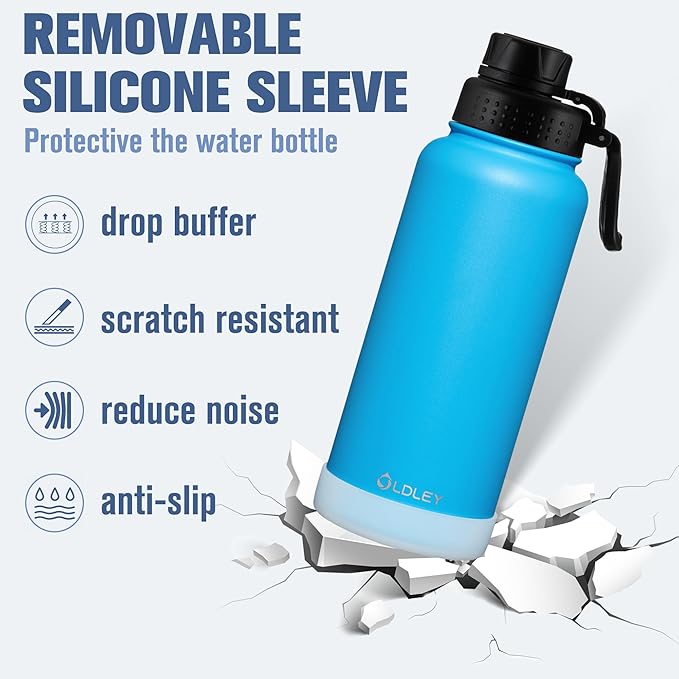 OLDLEY 32 oz Insulated Water Bottle With Straw, Stainless Steel Sports Water Cup Flask with 3 Lids(Straw, Spout and Handle Lid) Double Walled Travel Thermal Canteen Mug,Sky Blue