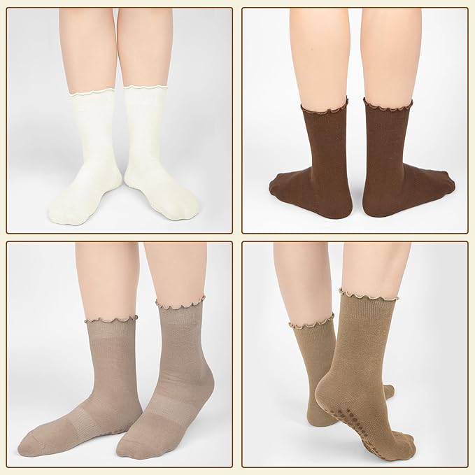 4 Pairs Pilates Socks with Grips for Women Yoga Ruffle Cute Grip Socks Pilates Non Slip Crew Ballet Hospital Workout