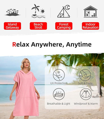 Abahub Surf Poncho Men & Women Towel Poncho Adult with Hood, Thick Quick Dry Changing Poncho Towel, Microfiber Wearable Cover Up for Surfing Beach Swim - Absorbent Changing Towel L (Pink)