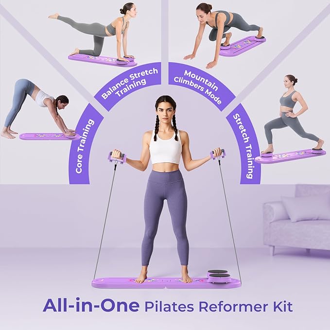 Pilates Reformer Board – 5-in-1 Foldable Pilates Machine for Home Workout, Portable Fitness Board with Resistance Bands, Full Body Training for Women