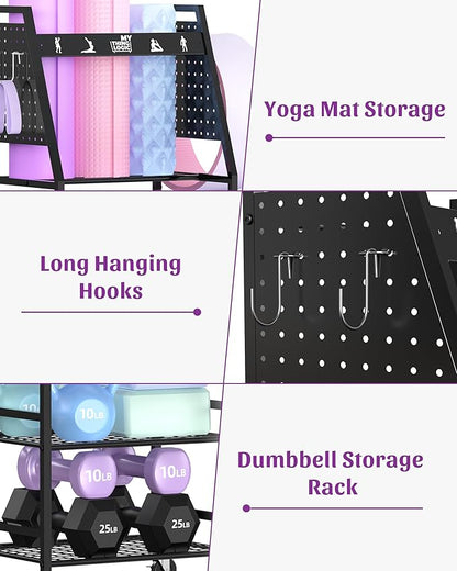 Mythinglogic Dumbbell Rack for Home Gym, Weight Rack for Dumbbells, Multifunctional Yoga Mat Holder for Barbell plates and Kettlebells, Home Gym Storage Rack with Casters