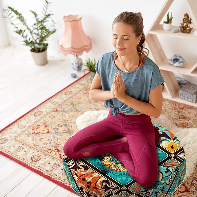 Mandala Meditation Cushion, Boho Meditation Mat, Meditation Pillows for Sitting on Floor, Cushions for Sitting in Home and Outdoor, Round Floor Pillows Cushion Seating for Yoga 22'' X 22''
