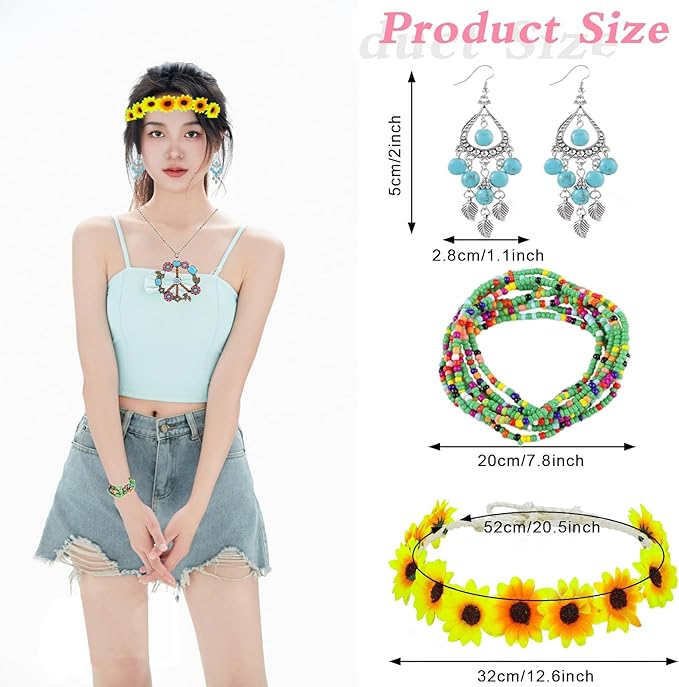 5 Pcs Hippie Costume Accessories Set Women, 60s 70s Party Dressing Accessory Peace Sign Necklace Party Decorations for Party