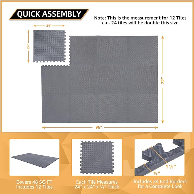 24 Pack, 96 SQFT - 24" x 24" - 1/2" Extra Thick Floor Exercise Mat for Home Gym or Floor Padding - High-Density EVA Interlocking Foam Floor Tiles for Gym Equipment, Play Area | Yoga, Cardio, Weights