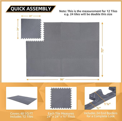 24 Pack, 96 SQFT - 24" x 24" - 1/2" Extra Thick Floor Exercise Mat for Home Gym or Floor Padding - High-Density EVA Interlocking Foam Floor Tiles for Gym Equipment, Play Area | Yoga, Cardio, Weights