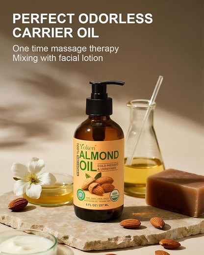 Yoken Organic Almond Oil 8 fl oz, USDA 100% Pure Natural Cold Pressed Almond Oils in Glass Bottle, Moisturizing Carrier Oil for Face, Hair & Body - Ideal for Skin Care, Soothing Massage & DIY Beauty