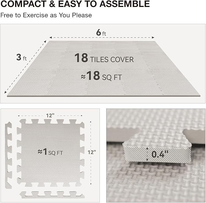 AIRHOP 12x12In Thick 18 Tiles Gym Floor Mat, High-Density EVA Foam Puzzle Gym Mat, Interlocking Foam Floor Tiles for Home Gym Exercise Equipment, Play Workout Garage Kitchen Flooring