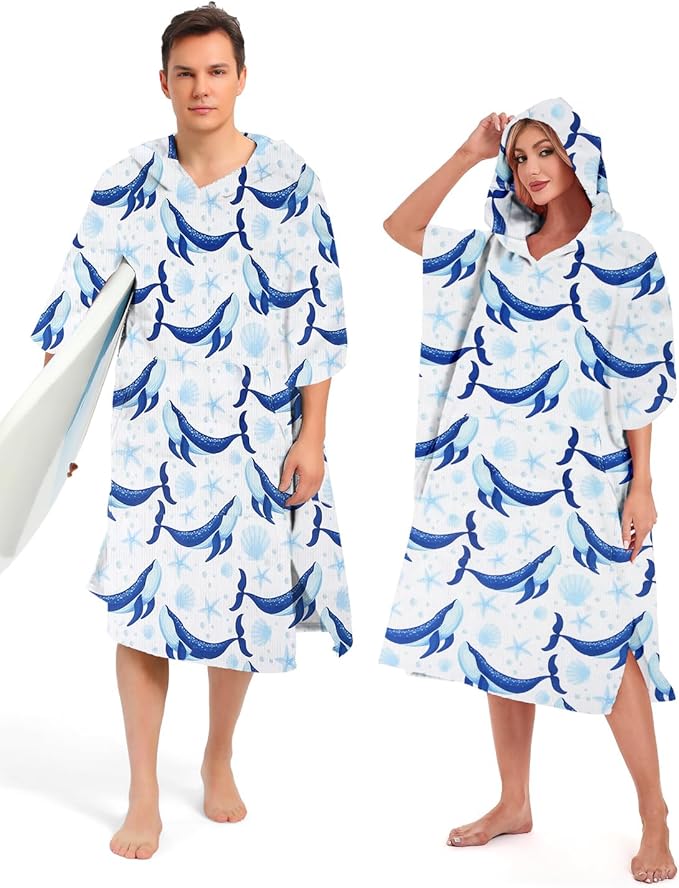 Abahub Surf Poncho Men & Women Towel Poncho Adult with Hood, Thick Quick Dry Changing Poncho Towel, Microfiber Wearable Cover Up for Surfing Beach Swim - Absorbent Changing Towel L (Blue Whale)