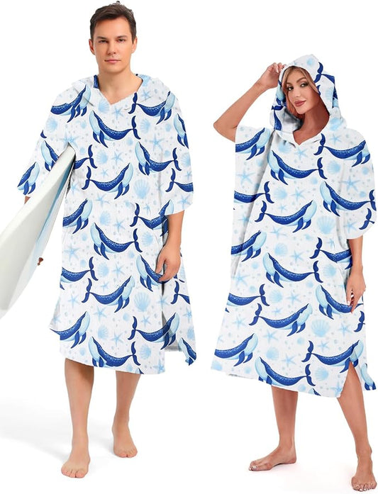 Abahub Surf Poncho Men & Women Towel Poncho Adult with Hood, Thick Quick Dry Changing Poncho Towel, Microfiber Wearable Cover Up for Surfing Beach Swim - Absorbent Changing Towel L (Blue Whale)