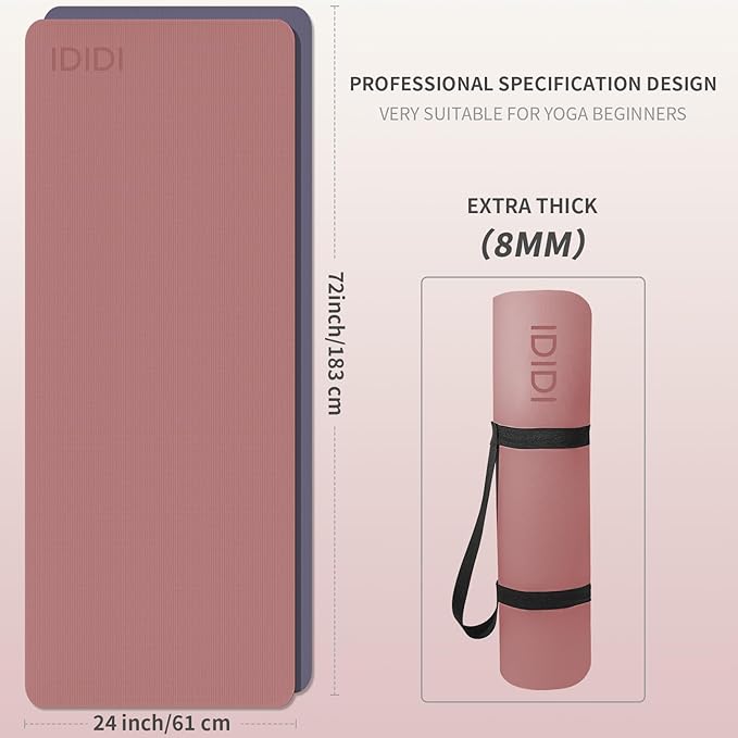 Yoga Mat with Strap,Non-Skid Workout Mat,8mm Thick Yoga Mat,POE Yoga Mats for Women Men Kids,Exercise Mat with Easy-Cinch,72"x24"x0.32” (183x61x0.8cm) (Deep Pink+Grey)