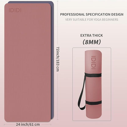 Yoga Mat with Strap,Non-Skid Workout Mat,8mm Thick Yoga Mat,POE Yoga Mats for Women Men Kids,Exercise Mat with Easy-Cinch,72"x24"x0.32” (183x61x0.8cm) (Deep Pink+Grey)