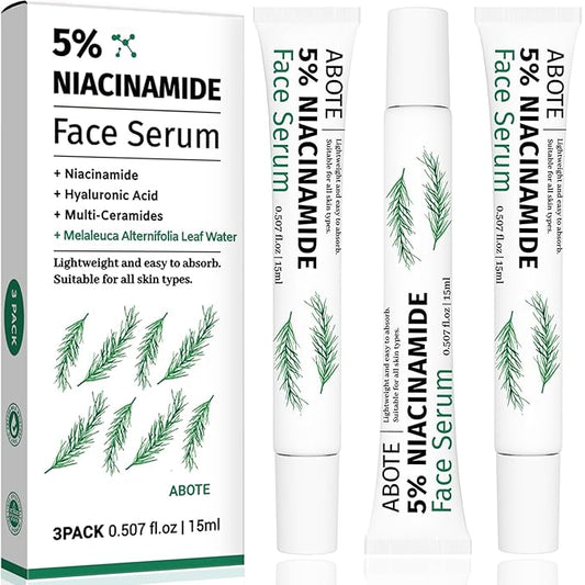 Travel Skincare 5% Niacinamide Serum with 4% Tea Tree Extracts | 1% Ceramide Complex | Deep Hydration | Regulates Sebum | Soothes Skin (3 Pack 0.507 fl.oz | 15ml)