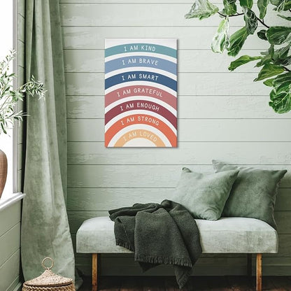 I am Kind Brave Loved Enough Motivational Canvas Wall Art Print Rainbow Quote Inspirational Art Poster Trendy Office Affirmation Wall Decor Minimalist Picture Painting Home Decor 20x30inch Framed