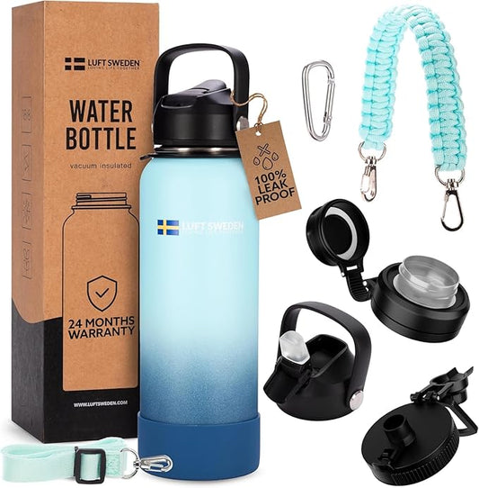 LUFT SWEDEN 32 oz Sky Blue Insulated Water Bottle with Straw Lid – Leakproof Stainless Steel, Dishwasher Safe – Reusable Double Wall Gym Thermos – BPA-Free & Sweatproof Cold Drink Bottle