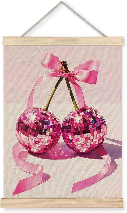 Funky Y2K Pink Ribbon Cherry Disco Ball Wall Art, Disco Ball Room Decor, Y2K Room Decor, Preppy Room Decor, Trendy Retro Aesthetic Canvas Wall Art Poster Hanger Frame, 12x16 Inches