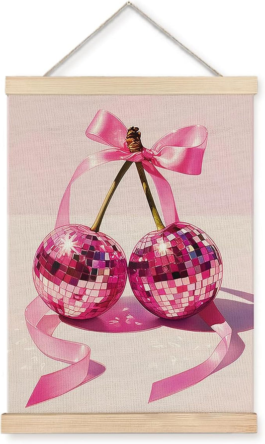 Funky Y2K Pink Ribbon Cherry Disco Ball Wall Art, Disco Ball Room Decor, Y2K Room Decor, Preppy Room Decor, Trendy Retro Aesthetic Canvas Wall Art Poster Hanger Frame, 12x16 Inches