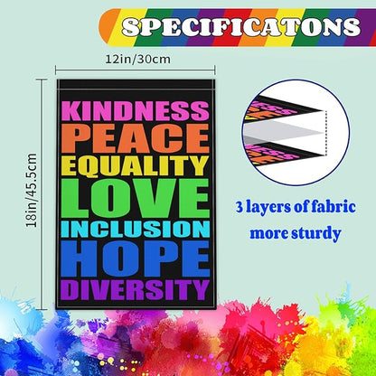 Pride Garden Flag 12x18 Inch Kindness Peace Equality Love Inclusion Hope Diversity Garden Flag 3ply Fabric Vertical Double Sided Printing for Outdoor House Yard Outside Garden Decor