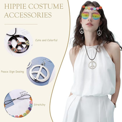 Hippie Costume Accessories for Women Peace Sign Earrings Necklace Flower Headband Sunglasses 60s 70s Accessories