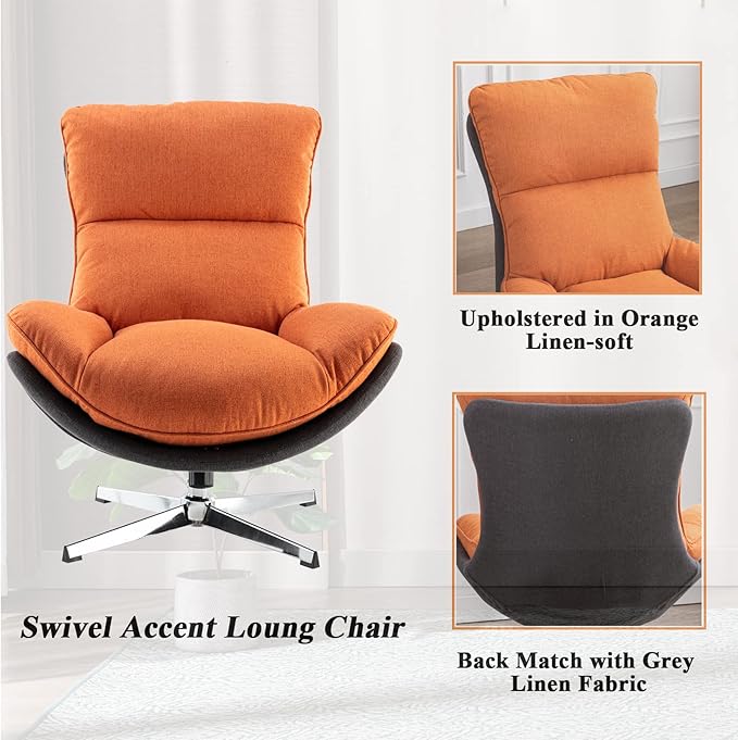 DUOMAY Swivel Lounge Chair Modern Linen Soft Accent Chair with Chrome Base, 34" Wide Relax Glider Rocker Chair for Living Room Bedroom Reading Room Office, Orange
