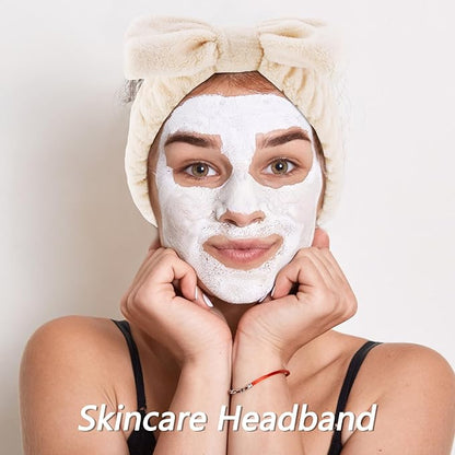 VELSCRUN Spa Headbands for Wash Face, Makeup Headband, Facial Skincare Headbands, 5 Pcs Khaki Puffy Sponge Spa Headband Bow Tie Hair Band Hair Clips Wristband Set Women Girls Accessories