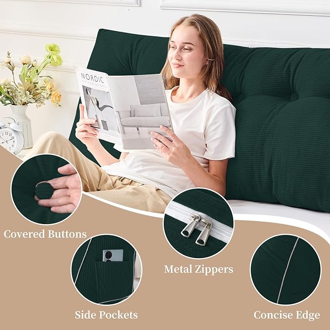 Sasttie Headboard Pillow Full, Wedge Pillow Headboard for Sitting Up in Bed, Back-Rest Support Triangular Cushion for Reading - Features Removable Washable Cover, Green