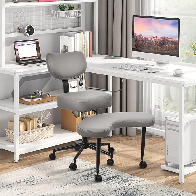 Meditation Chair, Cross Legged ADHD Office Chair for Adults with Wheels Ergonomic Back Support and Leg Rest for Multi Position Criss Cross Sitting Kneeling and Yoga Height Adjustable, Leather Style