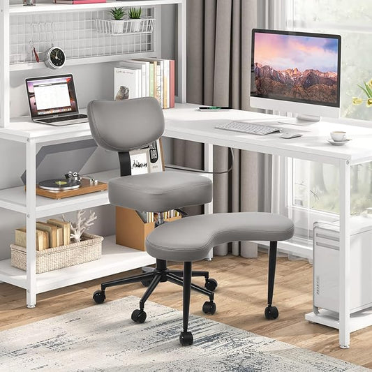 Meditation Chair, Cross Legged ADHD Office Chair for Adults with Wheels Ergonomic Back Support and Leg Rest for Multi Position Criss Cross Sitting Kneeling and Yoga Height Adjustable, Leather Style