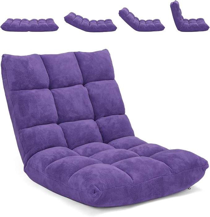 Moccha 14-Position Floor Chair, Folding Sofa Chair with Back Support, Memory Foam Floor Gaming Chairs for Adults, Adjustable Padded Couch Recliner Sleeper Bed for Reading, Meditating, Purple