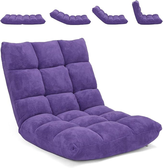 Moccha 14-Position Floor Chair, Folding Sofa Chair with Back Support, Memory Foam Floor Gaming Chairs for Adults, Adjustable Padded Couch Recliner Sleeper Bed for Reading, Meditating, Purple