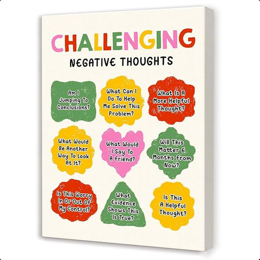 Gwisml Challenging Negative Thoughts Inspirational Mental Health Canvas Wall Art,Growth Mindset Print Painting Artwork for School Home Counselor Office Therapy Office Wall Decor