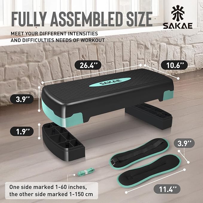 SAKAE Exercise Step Platform Set with Ankle Weights & Measuring Tape, Adjustable Height 2 Level Risers Workout Step Trainer, Aerobic Steppers for Home Gym Exercise Fitness Workout, Multiple Colors