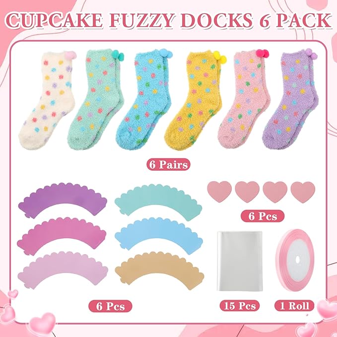Geyoga 6 Pair Christmas Cupcake Fuzzy Socks for Women Cute Cozy Fluffy Winter Warm Slipper Socks