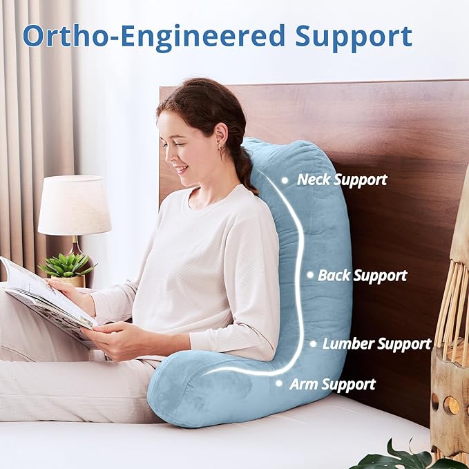 Sasttie 25-inch Reading Pillows for Sitting in Bed Adult, Jumbo Velvet Back Pillow Bed Sitting Up, XL High Back-Rest Support Cushion for Sit Up on Couch & Floor, Oeko-Tex Certified, Dusty Blue